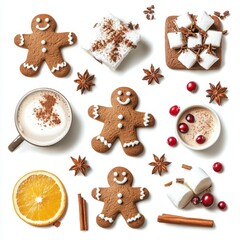 Set watercolor elements with Gingerbread cookies,Cup cocoa and sweets,cookies,sweet holiday card,Christmas menu,season greeting,xmas and New Year sweet composition,space for text.