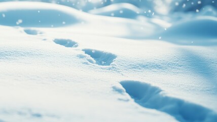 Human footprints in the snow in a snowdrift under sunlight close-up,Fresh footsteps, footprints, shoe prints or shoe marks in the shallow snow,glittering,sparkling in the winter sun,copy space.