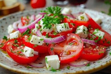 Fresh tomato and feta salad with herbs on a rustic plate, ideal for light dining or a summer gathering