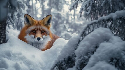 Fototapeta premium Red Fox Peeking Out of the Snow in a Snowy Forest