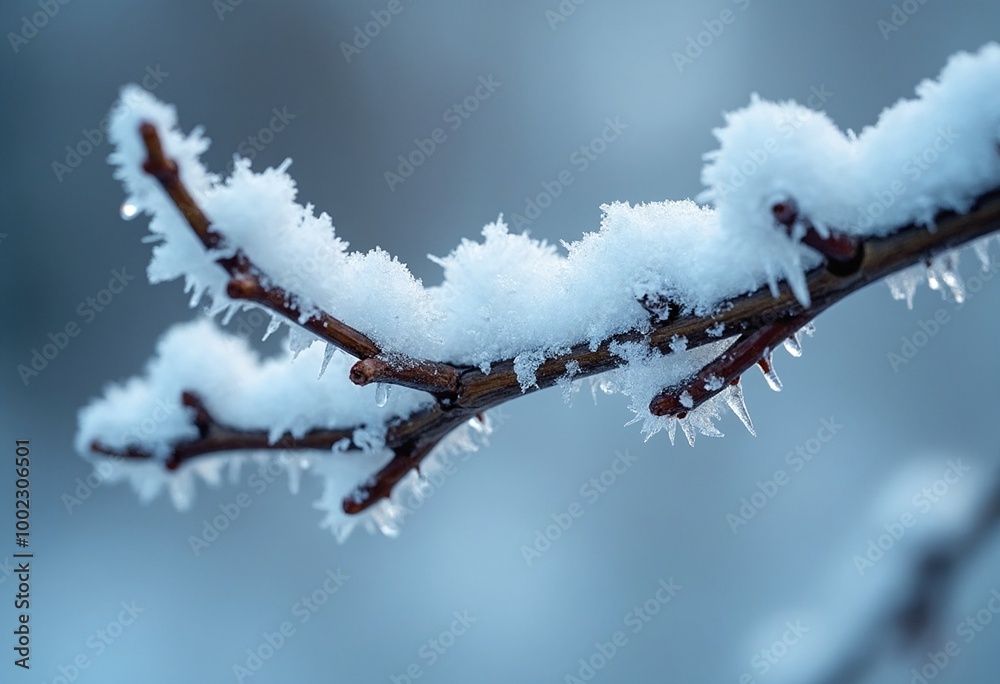 Poster extreme macro photography of a branch covered in frost and snow