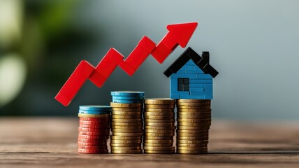 Red Upward arrow on money coin stack as growth graph steps in home shape symbol,Savings, income, home investment, real estate price value, property profit concepts,the rising price of real estate.	