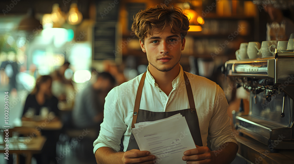 Wall mural A Young Handsome Male Waiter in an Apron Stands at the Restaurant
