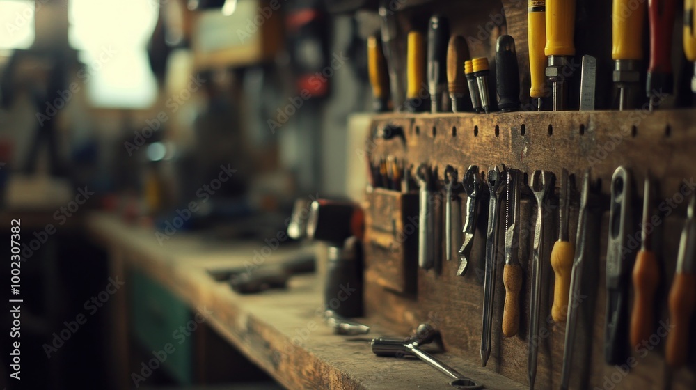 Poster a close-up view of tools hanging on a wooden pegboard in a workshop