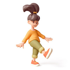 Kawaii excited cheerful asian smiling child girl in casual fashion clothes, yellow pullover, green pants, red sneakers walks in a funny playful humorous pose, fun. 3d render isolated white backdrop.