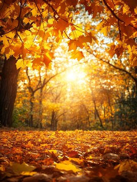 Golden leaves fall from the branches in the autumn forest.