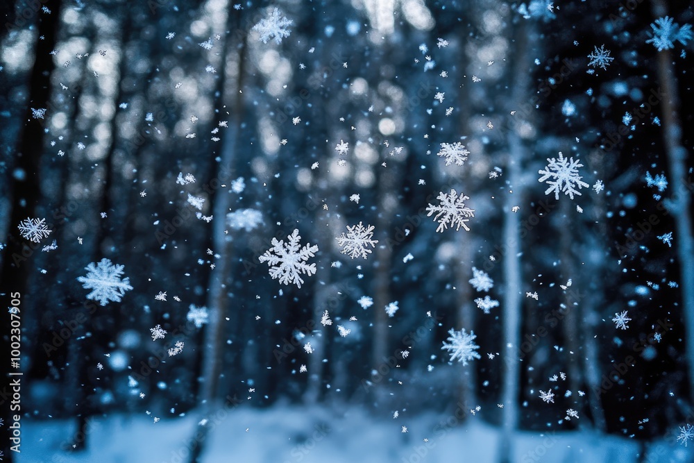 Sticker Snowflakes Falling in a Winter Forest