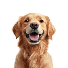 A cheerful Golden Retriever with a happy expression, displaying its characteristic friendly and loyal nature, isolated on a white background.