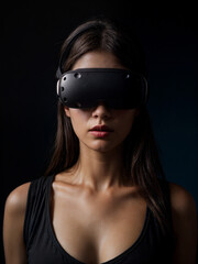Fototapeta premium Futuristic woman in VR headset bathed in neon light. Cyberpunk aesthetic meets cutting-edge technology