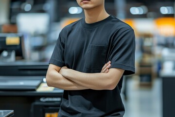 Fototapeta premium A Man in a Black T-Shirt with His Arms Crossed