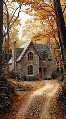 Fototapeta premium A stone cottage in the woods with an autumnal backdrop