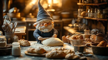 Obraz premium A whimsical gnome rolling out dough in a kitchen filled with baking tools, flour dusting the countertops, fresh bread rising in the oven, soft light casting shadows,