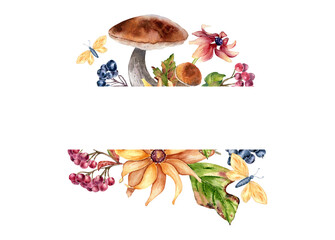 Autumn border of flowers, mushrooms with viburnum berries, rowan and bolete in watercolor isolated. Woodland plants with butterflies colorful fall frame hand drawn in botanical sketch for greeting.