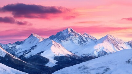 Obraz premium Majestic Snowy Mountain Range at Sunrise with Pink Clouds