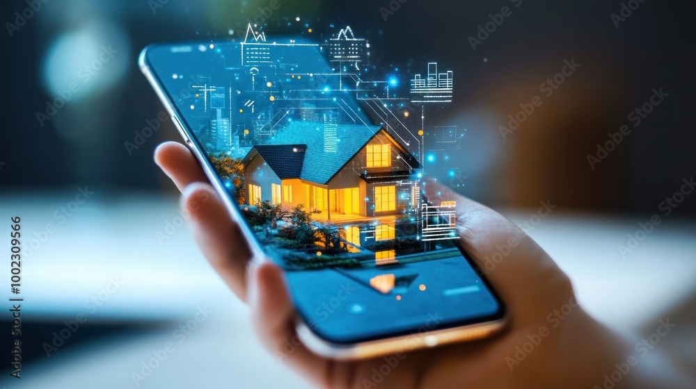 Poster A Hand Holding a Smartphone with a Digital Representation of a House on the Screen