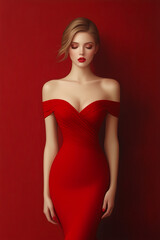 Fototapeta premium A woman in a red dress is standing in front of a red wall. Concept of elegance and sophistication