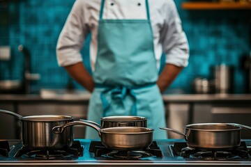 Chef Standing Behind Three Pots On A Stovetop