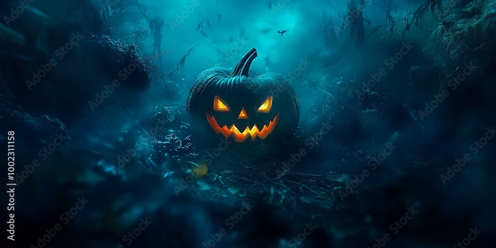 Poster A carved pumpkin glows eerily in a dark, foggy forest.