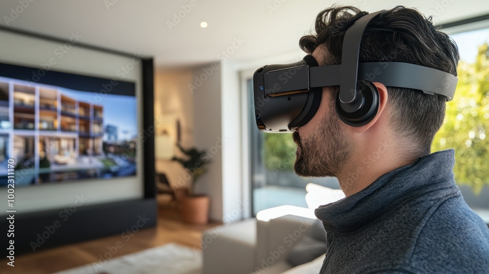 Aufkleber a man wearing a vr headset looking at a screen displaying an architectural design