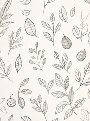 Fototapeta premium Seamless botanical pattern with various hand-drawn leaves and fruits in black on a white background, ideal for textile or wallpaper design.