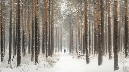 Fototapeta premium Solitary Figure Walking Through Snowy Pine Forest Path