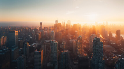 Fototapeta premium The sun sets behind the skyline, casting a golden glow over the towering buildings as the day transitions into night.