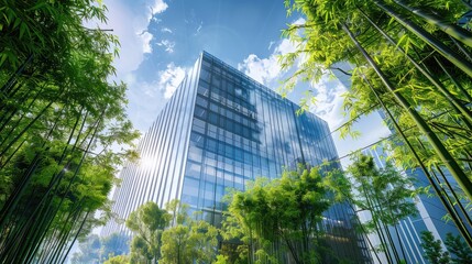 Eco-friendly building concept with a green tree and city skyline background.