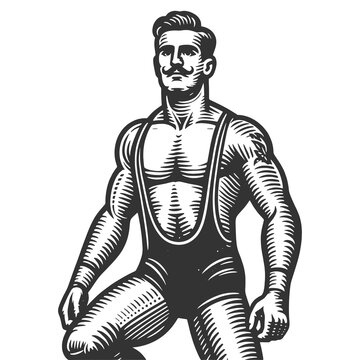 recommend clip art: strongman wrestler, depicting strength and masculinity in retro style sketch engraving generative ai fictional character raster illustration. Scratch board imitation. Black and white image.