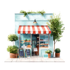 Charming small cafe with red and white awning, surrounded by greenery, featuring outdoor menu boards and a cozy atmosphere.