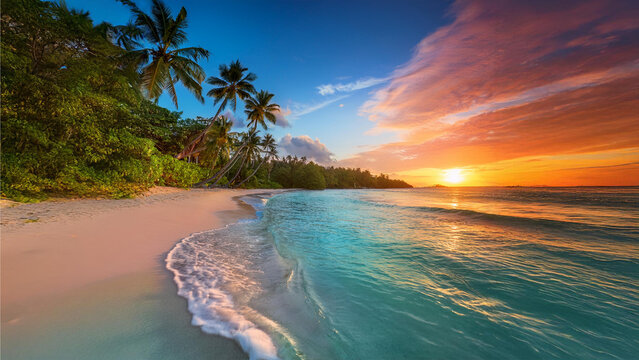 Tropischer Strand mit t&uuml;rkisfarbenem Wasser und wei&szlig;em Sand, ges&auml;umt von Palmen. Ein lebhafter Sonnenuntergang f&auml;rbt den Himmel in Rosa- und Oranget&ouml;nen.