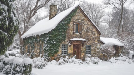 Naklejka premium Stone Cottage Covered in Snow with Ivy Growing on Its Walls