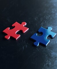 Obraz premium Blue and red puzzle pieces on a dark surface. Concept of business connections, diversity, teamwork and cooperation. Puzzle and solving complex problems piece by piece.