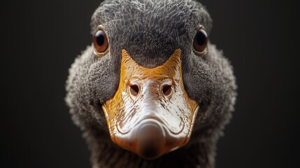 Detailed close-up of a curious waterfowl resting in natural light against a dark background