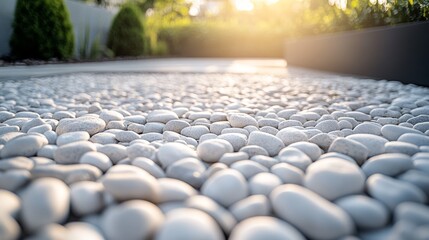 Obraz premium White Pebbles Create a Serene Garden Path in Soft Morning Light With Greenery in the Background