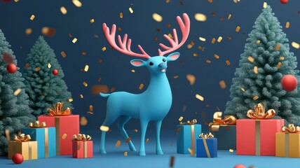 Christmas tree and cute deer in snowdrift,Realistic 3d design Xmas card decoration,gift box,fir branches, pine cones,Merry Christmas,Happy new year banner,Vector illustration.