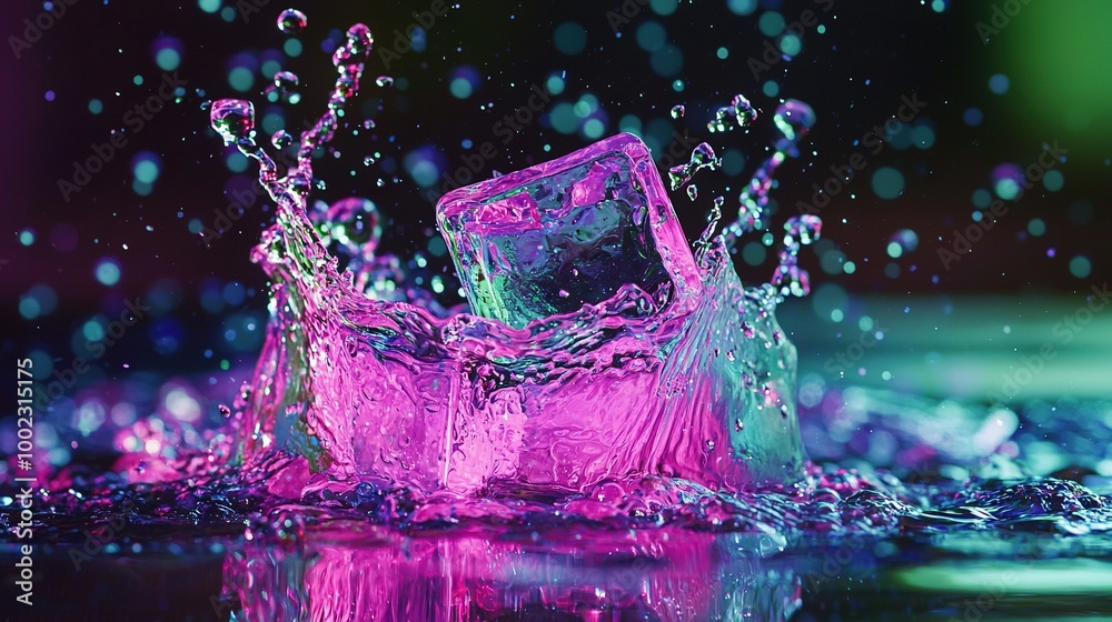 Wall mural a pink ice cube splashing into a pool of water on a black background with the ice cube's reflection 