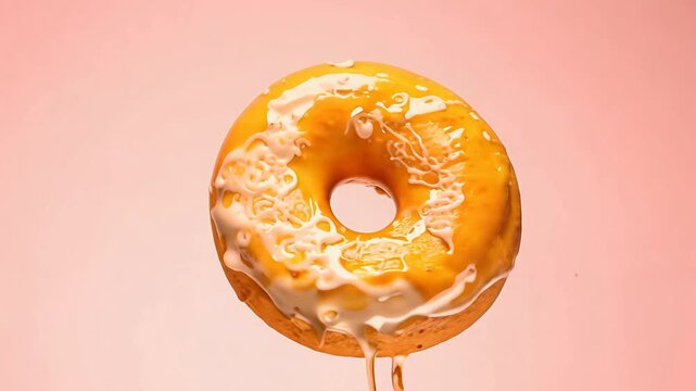 Glazed donut rotating with icing dripping on a soft pink background, 360-degree video with bounce light and side view camera