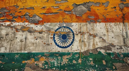 Fototapeta premium Indian flag painted on old wall, vintage retro aesthetic.