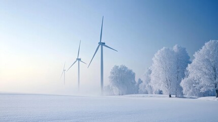 Wind Turbines in a Frosty Winter Landscape
