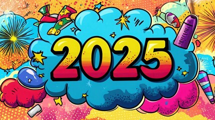 Fototapeta premium Banner New Year 2025 in pop art and comics book style.