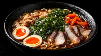 A hearty and artistic bowl of Japanese ramen with tender pork slices, soft-boiled eggs, fresh green onions, mushrooms, and seaweed, served in a rich, savory broth.