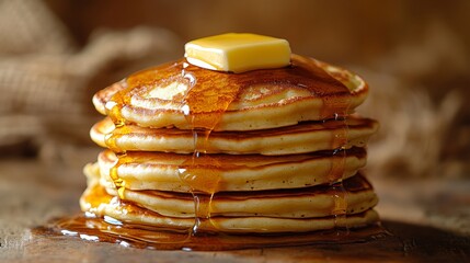 A mouth-watering stack of golden pancakes topped with a pat of butter and drenched in rich syrup, capturing the essence of a perfect, indulgent breakfast.