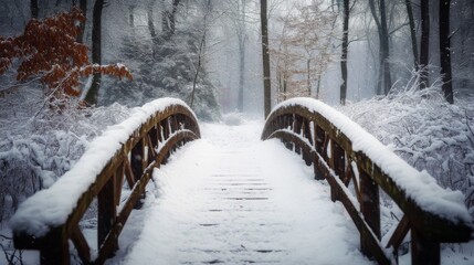A Snow-Covered Wooden Bridge Through a Snowy Forest