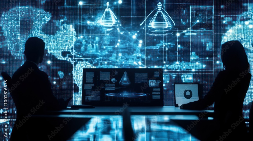 Poster silhouettes of two people working at computers with blue digital screen background