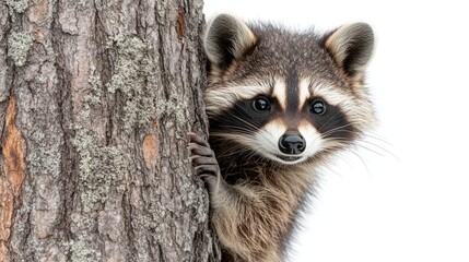 Obraz premium Raccoon Peeking From Behind a Tree Trunk in a Winter Landscape