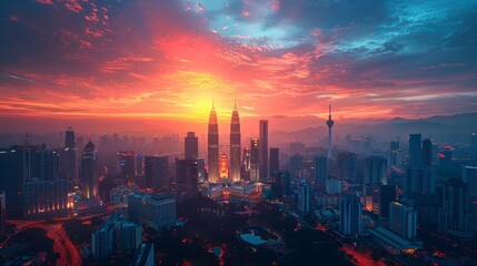Fototapeta premium Serene view of a Kuala Lumpur city skyline bathed in the warm glow of sunset 