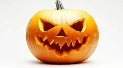 Fototapeta premium A menacing jack-o'-lantern with exaggerated sharp features and glowing eyes. Its sinister expression sets a perfect tone for a frightening Halloween night.