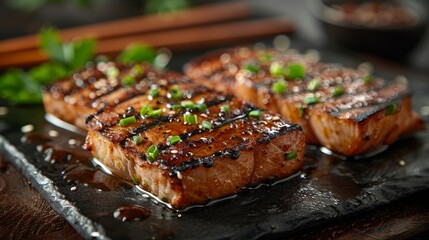 Sesame Tuna Steak: Homemade grilled sesame tuna steak drizzled with soy sauce, elegantly plated with chopsticks against an Asian-inspired table setting.