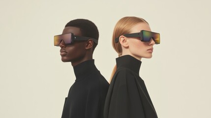 Two stylish individuals wearing futuristic VR headsets, standing back to back against a minimalist background.