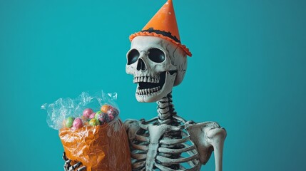 A whimsical skeleton adorned in an orange party hat proudly holds a collection of bright, colorful candies against a blue background, mixing fun and eerie themes.
